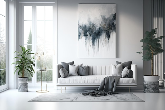 Elegante soggiorno bianco e grigio con pittura astratta