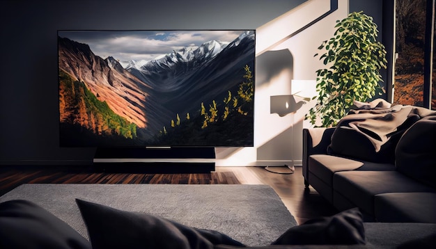 Elegante soggiorno con grande Tv Al generato