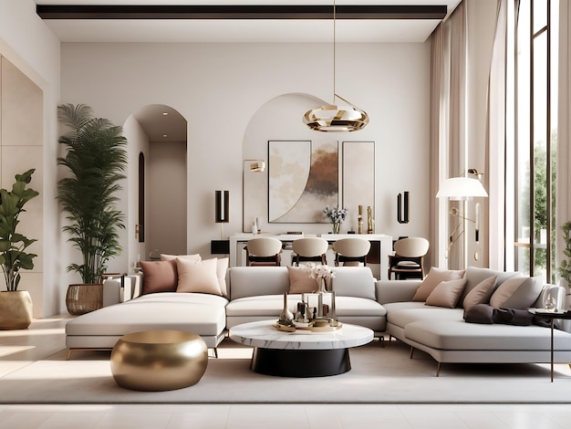 Elegante soggiorno con mobili di design, soffitti alti ed eleganti accenti decorativi