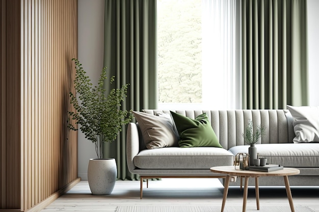 Elegante soggiorno contemporaneo con divano e luce in legno
