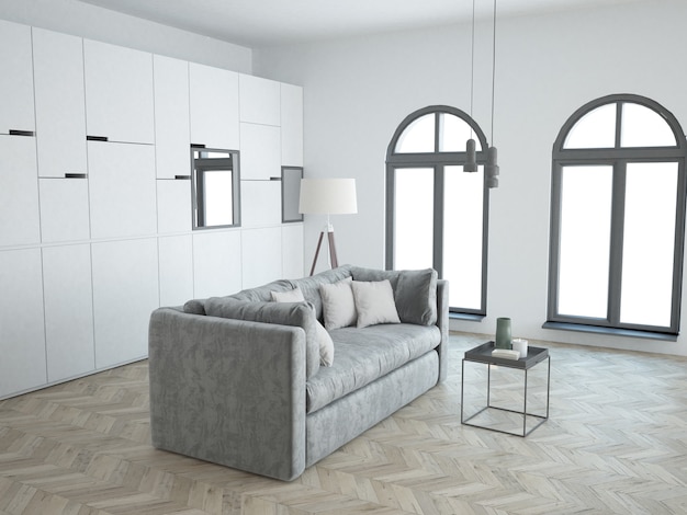 Elegante soggiorno di lusso bianco con mobili moderni e divano in velluto