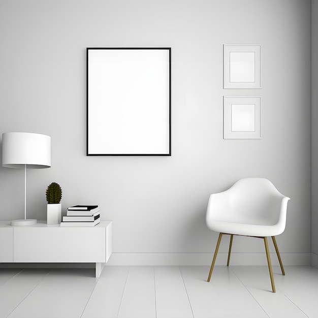 Elegante soggiorno interno con mockup di stampa artistica incorniciata