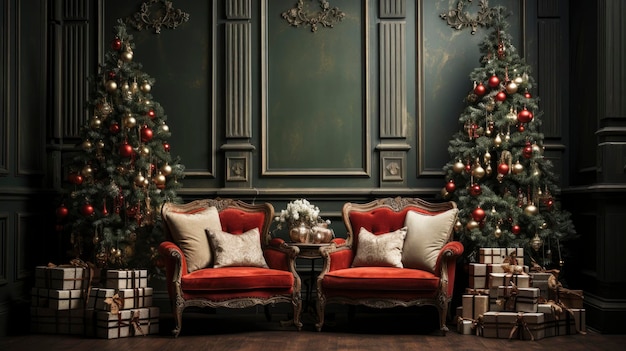 Elegante soggiorno interno impreziosito da un albero di Natale e pacchetti vacanza