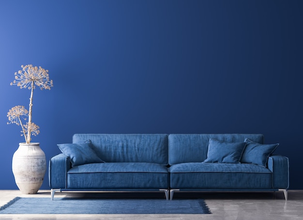 Elegante soggiorno interno in colore blu alla moda