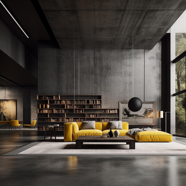 Elegante soggiorno minimalista interno Modernista enorme interno in cemento pareti in cemento divano giallo