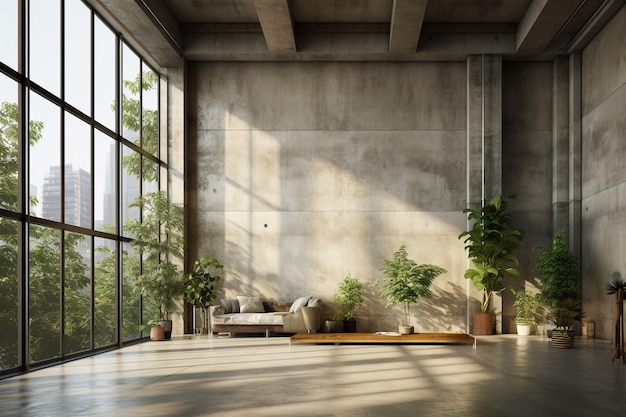 Elegante soggiorno minimalista interno Modernista enorme interno in cemento Pareti in cemento scuro