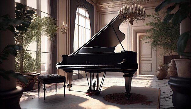 Elegante soggiorno moderno con una splendida finestra a pianoforte nero e piante vivaci