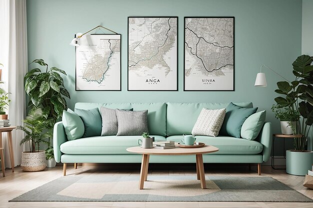 Elegante soggiorno scandinavo con divani dal design color menta che simulano una mappa con poster