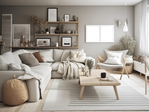 Elegante soggiorno scandinavo con splendidi mobili e decorazioni AI generativa