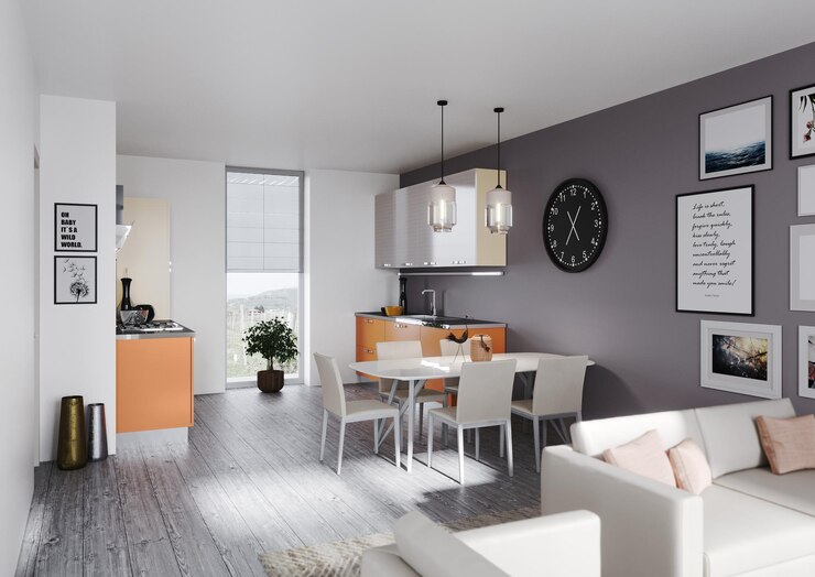 Foto elegante soppalco con cucina con tavolo, sedie, divano e tanta luce
