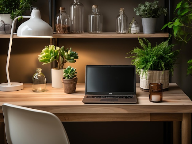 Elegante spazio di lavoro ordinato ufficio minimalista con computer portatile