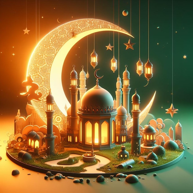 Elegante striscione di celebrazione del Ramadan con la mezzaluna nascosta dietro la moschea
