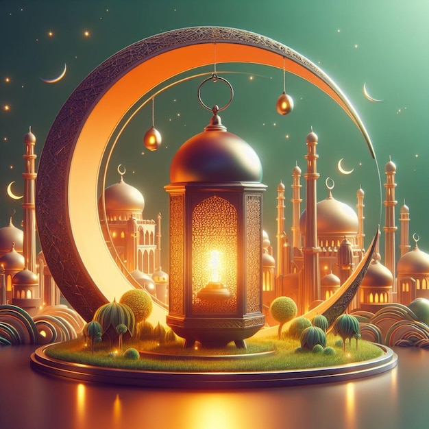 Elegante striscione di celebrazione del Ramadan con la mezzaluna nascosta dietro la moschea