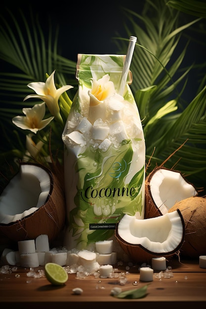 Elegante succo di cocco indonesiano cocco giovani pezzi di cocco ananas trending background layout