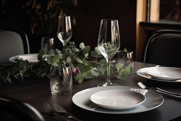 Elegante tavola apparecchiata con piatti, bicchieri e posate nel ristorante Bellissimo tavolo da ristorante decorato con piatto AI Generato