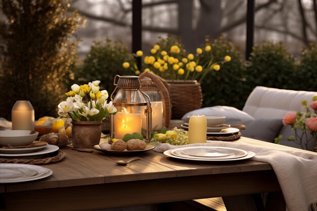 Elegante tavola da giardino con festa di Pasqua