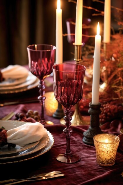 Elegante tavolo con candele e bicchieri da vino creati con AI generativa
