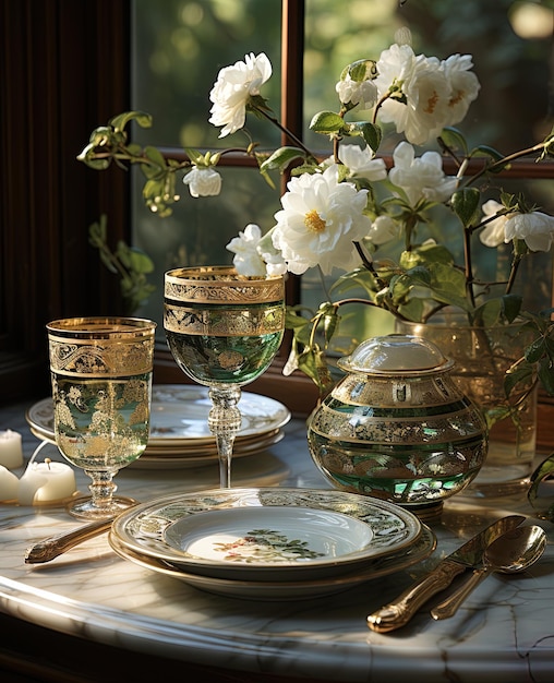 Elegante tavolo con vasellame in porcellana, bicchieri in cristallo e fiori nei toni del bianco