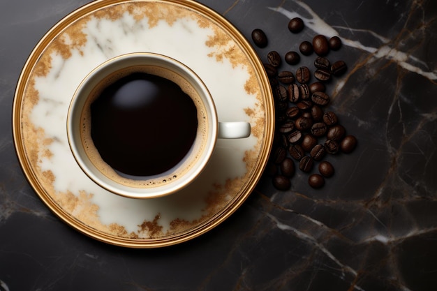 Elegante tazza con piattino per la Giornata internazionale del caffè su un tavolo di marmo con chicchi di caffè B