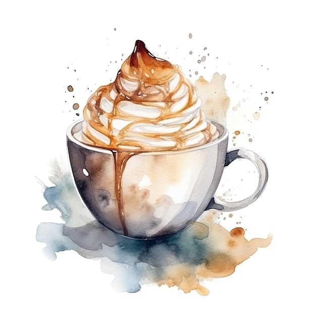 elegante tazza di caffè in porcellana bianca con illustrazione ad acquerello a crema su sfondo bianco