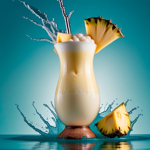 elegante tazza di vetro con fette di ananas pina colada e sfondo blu chiaro con spruzzo