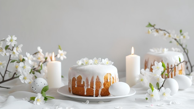 Elegante torta di Pasqua con glassa bianca circondata da candele e fiori primaverili perfetta per celebrazioni festive AI