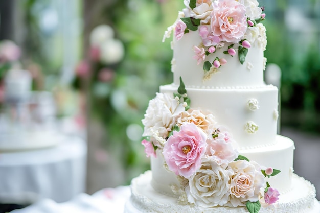 Elegante torta nuziale floreale in giardinoxA