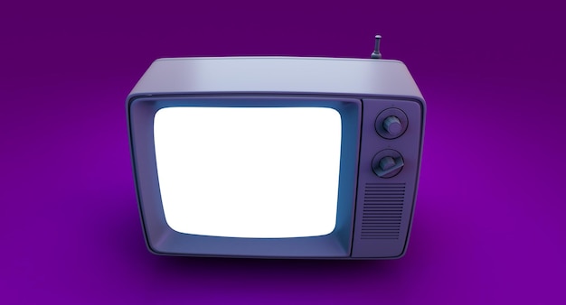 Elegante TV retrò grigio isolato su sfondo viola, rendering 3d