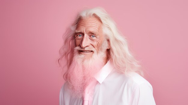 Elegante uomo anziano sorridente con i capelli grigi e lunghi con la pelle perfetta su uno striscione a sfondo rosa