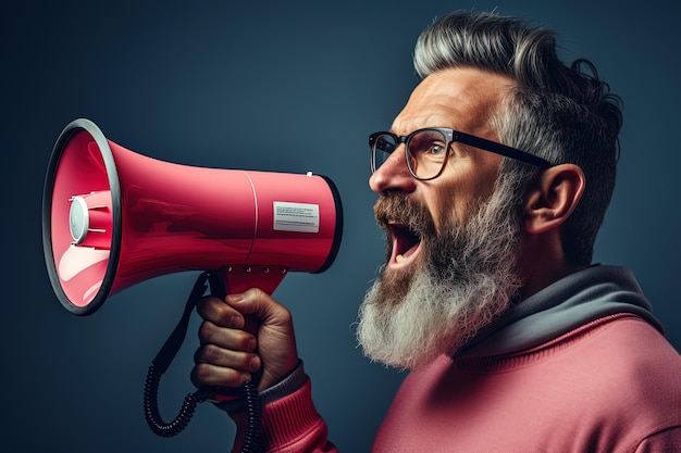 Elegante uomo barbuto dai capelli grigi con gli occhiali e una felpa con cappuccio rosa che urla al megafono