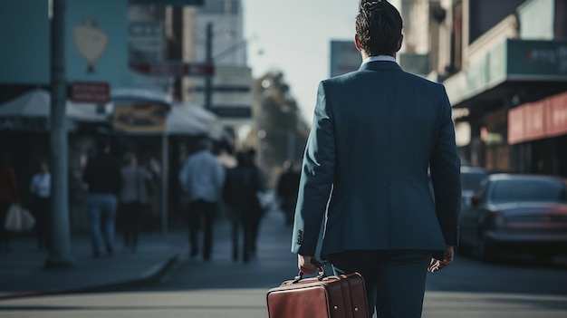 Elegante uomo d'affari vestito con un abito blu che cammina lungo una strada trafficata con una valigetta in mano