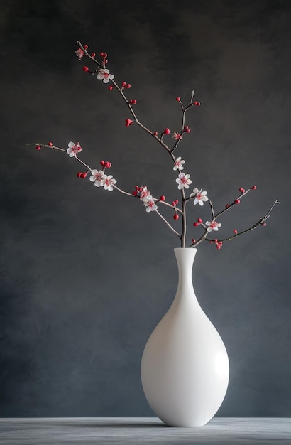 Elegante vaso con fiori di ciliegio su uno sfondo umido