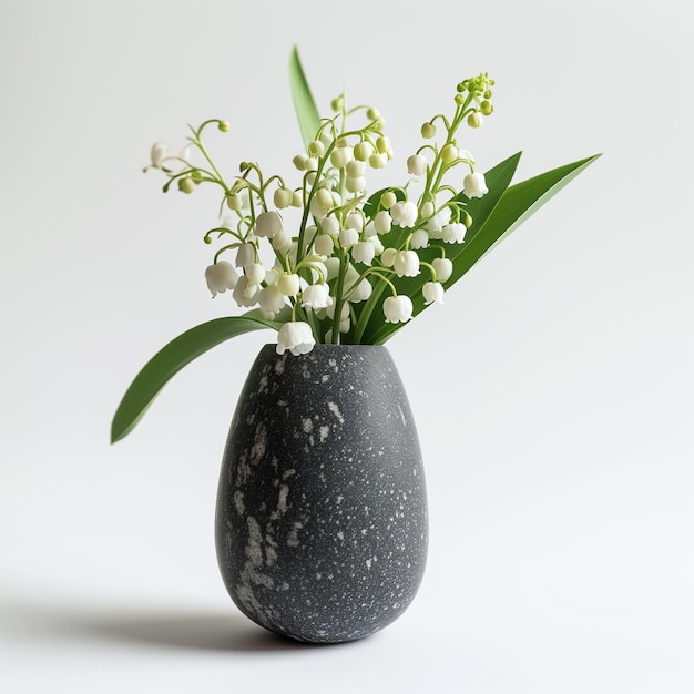 Elegante vaso di ceramica con fiori di giglio freschi su uno sfondo bianco concetto per la primavera