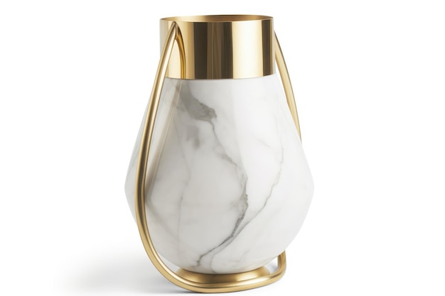 Elegante vaso moderno in ottone con base in marmo bianco su sfondo bianco Generative AI