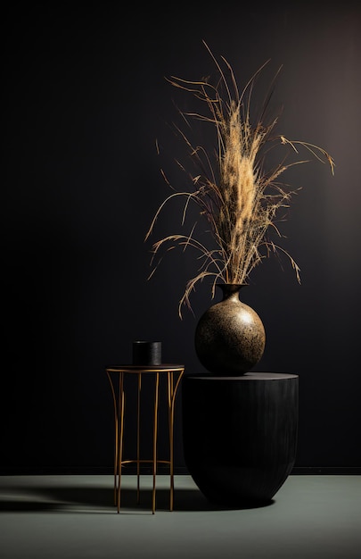 Elegante vaso nero con erba secca su uno sfondo scuro
