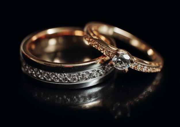 Eleganti anelli di nozze su uno sfondo nero