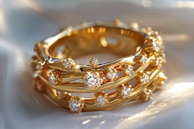 Eleganti anelli nuziali posizionati su una superficie beige in una stanza luminosa con un interno minimalista
