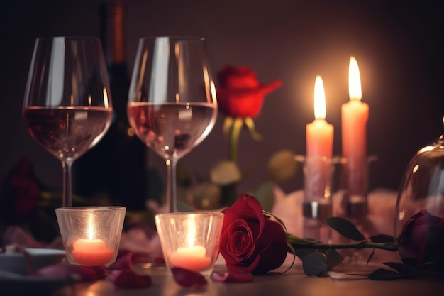 Eleganti bicchieri da vino da tavola, candele e rose rosse creano un'atmosfera meravigliosa