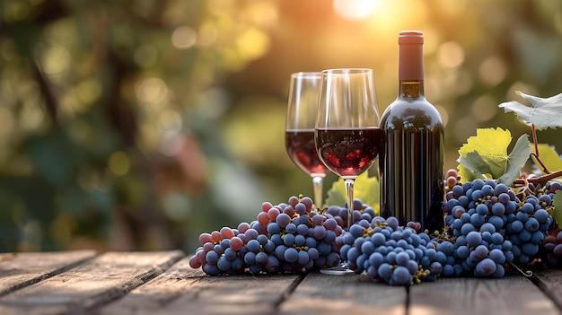 Eleganti bicchieri di vino rosso bottiglia e grappoli d'uva su tavolo rustico in legno al tramonto perfetto per serate romantiche AI