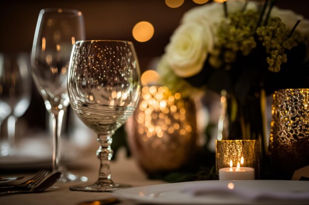 Eleganti decorazioni da tavola per bicchieri da vino e fiori per matrimoni e anniversari