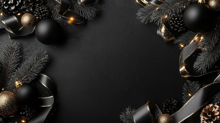 Foto eleganti decorazioni natalizie nere e dorate disposte su una superficie scura per una celebrazione festiva in inverno