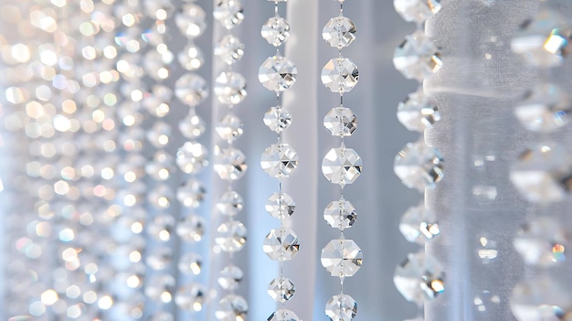 Eleganti e luccicanti perle di cristallo appese di fronte a uno sfondo sfocato Le perle riflettono la luce e creano un bellissimo effetto di scintilla