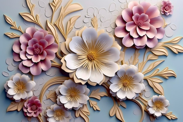Eleganti fiori 3D colorati con foglie su uno sfondo di illustrazione di un albero AI generativa