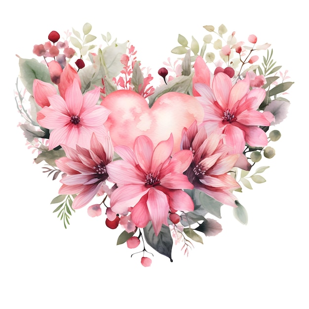 Eleganti fiori ad acquerello rosa disposti in forma di cuore su uno sfondo bianco AI generativa