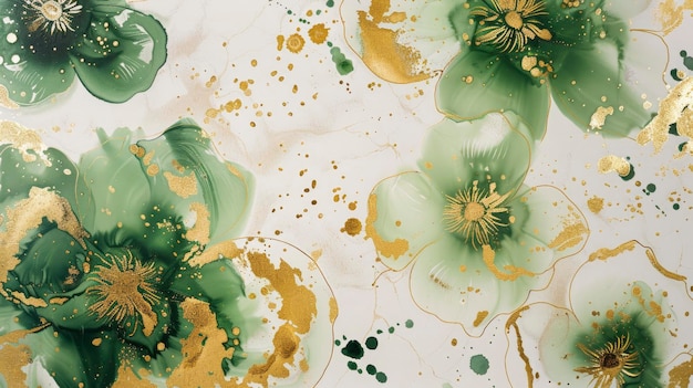 Eleganti fiori di flora dipinti con accenti di foglie d'oro su uno sfondo verde su una tela bianca