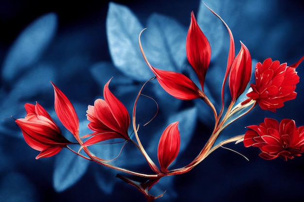 Eleganti fiori e rami rossi e blu su sfondo nero. Invito a nozze carta disegno ad acquerello