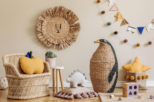 Eleganti interni scandinavi della stanza dei bambini con giocattoli naturali appesi decorazione mobili di design animali di peluche orsacchiotti e accessori Pareti beige Design degli interni della stanza dei bambini Modello