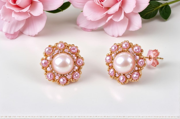 Eleganti orecchini a fiore rosa con centrotavola di perle