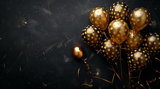 Eleganti palloncini d'oro con puntini su uno sfondo di consistenza scura
