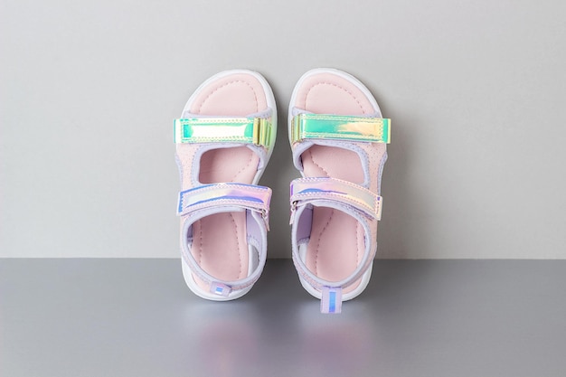 Eleganti sandali olografici per bambini su sfondo grigio Scarpe estive alla moda lucide